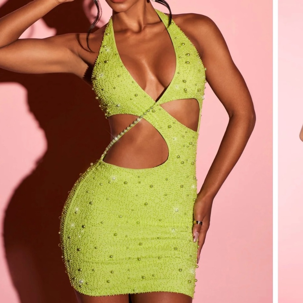Ohpolly St Tropez Halter Neck Cut out mini dress in lime